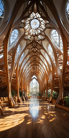 High Resolution: Architectural interior featuring intricate wooden arches with organic shapes and natural light filtering through circular skylights download. | HRJPG.com