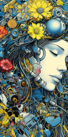 High Resolution: Ethereal white-skinned woman closed eyes amidst intricate machinery and vibrant flowers yellow sunflowers dominate her headspace red roses download. | HRJPG.com