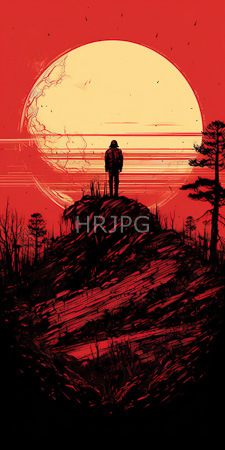 High Resolution: Red black hues depicting an individual standing on top of a grassy hill silhouetted against a large yellow sun cracked edges download. | HRJPG.com