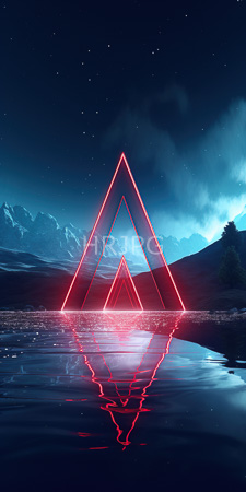 High Resolution: Two glowing red neon triangles one larger and one smaller standing in reflective water under a starry night sky download. | HRJPG.com