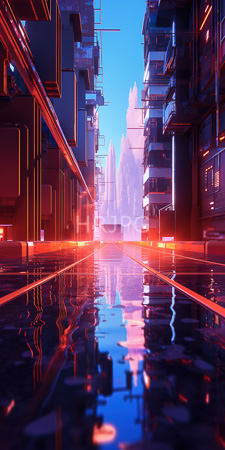 High Resolution: Futuristic urban street scene at dusk with neon red orange lights reflecting off wet pavement creating vibrant reflections download. | HRJPG.com