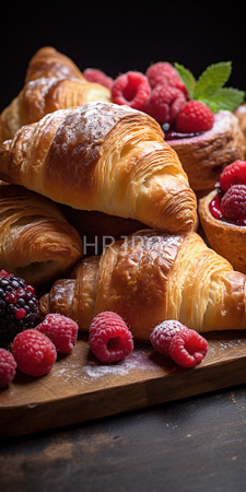 High Resolution: Golden-brown flaky croissants stacked on wooden board topped with fresh raspberries and blackberry in foreground powdered sugar download. | HRJPG.com