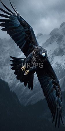 High Resolution: Imposing dark-feathered eagle with outstretched wings soaring over misty mountain peaks under cloudy skies sharp yellow talons download. | HRJPG.com