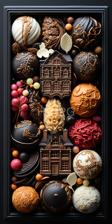 High Resolution: Intricately arranged display featuring ornate chocolate ornaments and edible decorations detailed house-shaped chocolates in brown with gold accents download. | HRJPG.com