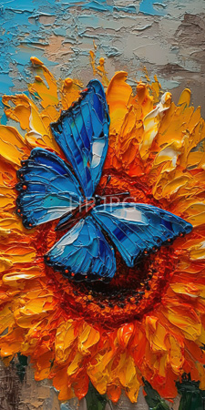 High Resolution: Impressionistic textured painting depicting two vibrant blue butterflies resting on bright orange yellow sunflower petals detailed brushstrokes download. | HRJPG.com