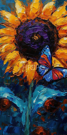 High Resolution: Abstract vibrant oil painting of a sunflower with large yellow petals and dark purple center surrounded by blue leaves download. | HRJPG.com