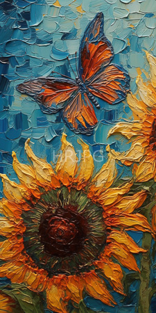 High Resolution: Impressionistic painting featuring vibrant textured brushstrokes in rich colors of blue and orange-green hues on canvas large sunflower download. | HRJPG.com