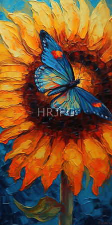 High Resolution: Vibrant impressionistic painting depicts an orange sunflower with vivid yellow petals and dark brown center against a blue background download. | HRJPG.com