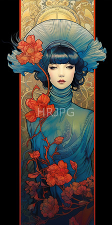 High Resolution: Ethereal Asian woman pale skin dark blue bobbed hair and bangs wearing a teal turtleneck dress adorned by vibrant red flowers download. | HRJPG.com