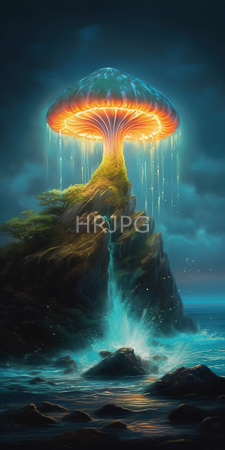 High Resolution: Ethereal glowing mushroom with orange and blue hues standing on rocky cliffs by turbulent ocean waters water cascades down download. | HRJPG.com