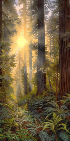 High Resolution: Redwood forest at sunrise with sunlight streaming through tall trees and illuminating lush green ferns on the ground download. | HRJPG.com