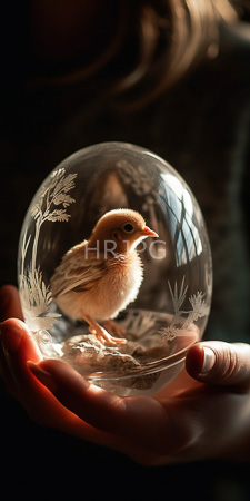 High Resolution: Adorable fluffy yellow-brown chick small orange beak dark eyes inside a clear glass snow globe adorned with delicate white floral patterns download. | HRJPG.com