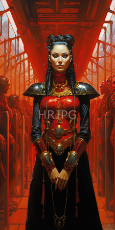 High Resolution: Asian woman with dark hair in intricate buns wearing red black armor-like clothing adorned with gold accents stands confidently download. | HRJPG.com