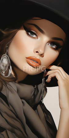 High Resolution: Attractive woman fair skin blue eyes full orange lips wearing dramatic black eyeliner and mascara wavy brown hair download. | HRJPG.com