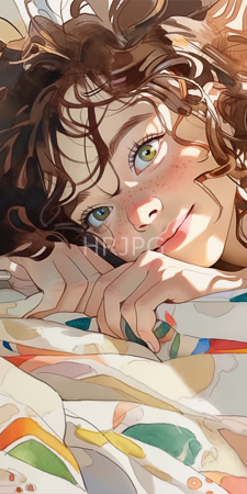 High Resolution: Anime-style drawing young woman curly brown hair green eyes and freckles lying on her side in bed soft pink lips download. | HRJPG.com