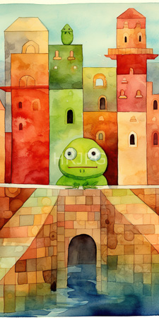 High Resolution: Watercolor painting featuring an anthropomorphic green frog with large eyes and small smile standing in front of colorful medieval-style buildings download. | HRJPG.com