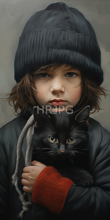 High Resolution: Asian child with light brown hair wearing a black knit hat and dark jacket over red sleeves holding a sleek black cat download. | HRJPG.com
