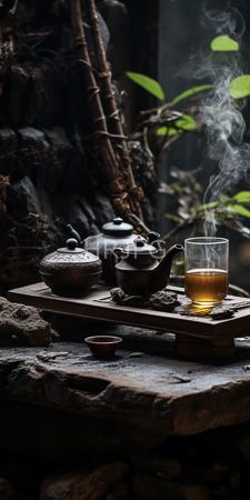 High Resolution: Outdoor rustic tea setting on weathered wooden and stone surfaces includes three antique-style teapots glass tumbler filled with steaming amber liquid download. | HRJPG.com
