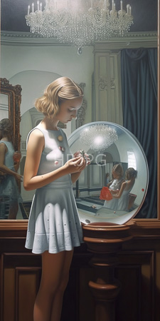 High Resolution: Slender blonde woman wavy hair wearing light blue sleeveless dress and colorful buttons standing in elegant room before round mirror download. | HRJPG.com