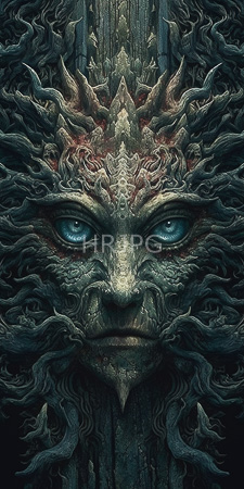 High Resolution: Eerie ancient face with intricate tree-like textures covering its skin and eyes glowing intensely blue against dark greenish-brown background download. | HRJPG.com