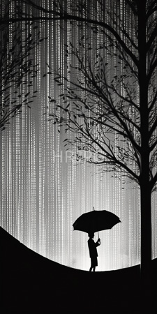 High Resolution: Black and white photograph of silhouetted figure holding an umbrella standing on curved path with bare trees in foreground download. | HRJPG.com