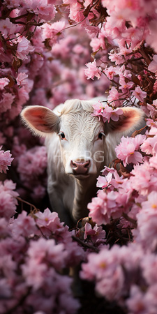High Resolution: Adorable white calf with large pink ears standing amidst dense cherry blossom trees in full bloom blossoms frame its face download. | HRJPG.com