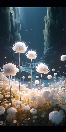 High Resolution: Ethereal underwater garden scene with glowing white flowers on slender stems illuminated by soft blue light from above download. | HRJPG.com