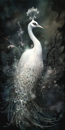 High Resolution: Ethereal white peacock with intricate iridescent feathers adorned in blue-green eyespots and delicate plumes on its head stands gracefully download. | HRJPG.com