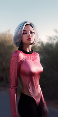 High Resolution: Asian woman with short silver hair wearing a tight pink latex bodysuit that accentuates her medium-sized breasts and black high-waisted pants download. | HRJPG.com