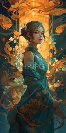 High Resolution: Ethereal fair-skinned woman dark hair in an updo wearing a teal floral dress off-shoulders sleeves glowing golden background floating flowers download. | HRJPG.com