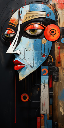 High Resolution: Abstract digital-style painting stylized female face with blue black skin tones adorned in geometric patterns featuring red circles download. | HRJPG.com