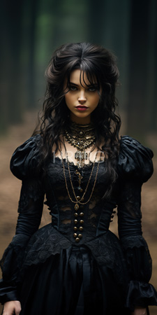High Resolution: Ethereal young woman long wavy black hair pale skin standing in a forest path at dusk Victorian-style lace dress download. | HRJPG.com