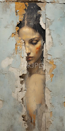 High Resolution: Ethereal melancholic woman fair skin dark hair partially obscured by peeling blue-gray textured wall cracks revealing her serene face download. | HRJPG.com