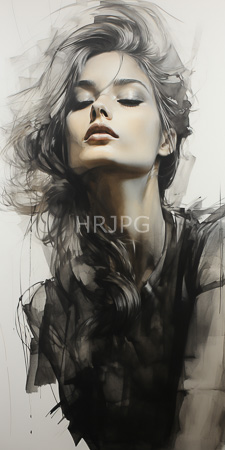 High Resolution: Abstract sketch-like style depicts a beautiful woman with closed eyes and slightly parted lips wavy black hair tousled download. | HRJPG.com