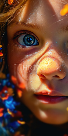 High Resolution: Adorable young child large bright blue eyes light brown hair partially illuminated by sunlight filtering through colorful flowers download. | HRJPG.com