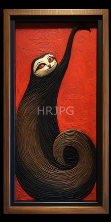 High Resolution: Stylized painting of an abstract cat with swirling black and brown patterns on its body against a textured red background download. | HRJPG.com