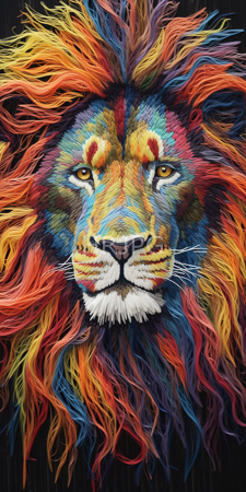 High Resolution: Anthropomorphic lion's face with multicolored fur in shades of reds oranges yellows blues and greens against a black background download. | HRJPG.com
