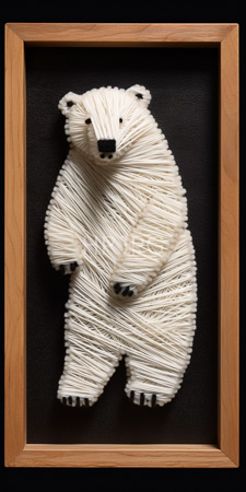 High Resolution: Intricately woven white yarn bear standing upright on black textured background within wooden frame small round ears download. | HRJPG.com