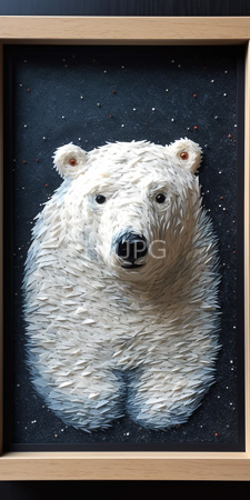 High Resolution: Intricately textured three-dimensional sculpture depicting a white polar bear's head and shoulders against a dark starry background download. | HRJPG.com