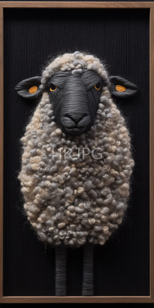 High Resolution: Intricately crafted textured woolen sheep sculpture with black face and legs against dark fabric background curly beige-gray fleece download. | HRJPG.com