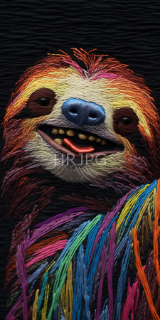 High Resolution: Intricately detailed colorful digital painting depicting a smiling sloth with vibrant rainbow fur against a black textured background download. | HRJPG.com
