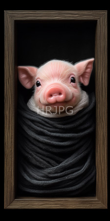High Resolution: Adorable pink piglet with large ears and expressive eyes wrapped in dark gray wool against a black background download. | HRJPG.com
