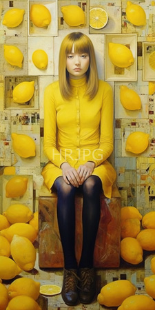 High Resolution: Asian woman straight shoulder-length blonde hair bangs sitting on a wooden block against a wall adorned with various lemon images download. | HRJPG.com