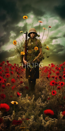High Resolution: Asian female soldier standing in vibrant red poppy field under dramatic cloudy green sky wears olive-green uniform with helmet download. | HRJPG.com