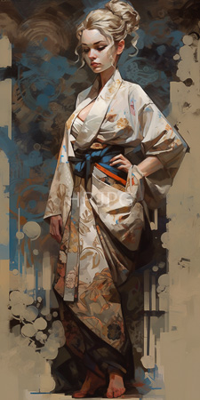 High Resolution: Elegant fair-skinned blonde woman in traditional Japanese attire with floral patterns and blue obi belt stands confidently against abstract background download. | HRJPG.com