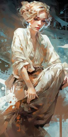 High Resolution: Attractive blonde woman wavy hair wearing loose white brown clothing that resembles traditional Japanese attire sits against abstract splashes download. | HRJPG.com