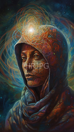 High Resolution: Ethereal dark-skinned woman intricate geometric patterns on her face and hooded cloak in rich blues and oranges gazes intently download. | HRJPG.com
