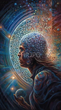 High Resolution: Ethereal bald human figure in profile with intricate geometric patterns on their head and shoulders against a cosmic background download. | HRJPG.com