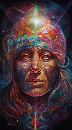 High Resolution: Elderly dark-skinned woman deep wrinkles intense eyes face is adorned in vibrant patterns resembling tribal or cosmic designs download. | HRJPG.com