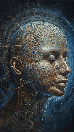 High Resolution: Intricately detailed metallic human head profile in gold bronze hues against a swirling blue cosmic background star-like patterns download. | HRJPG.com